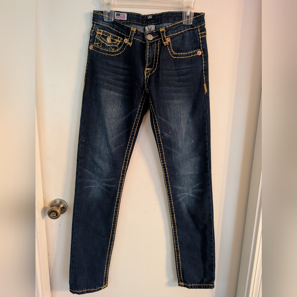 True Religion Stelle Super T Skinny Jean Dark Blue/ Thick Gold Stitching 30